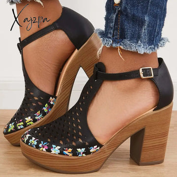 Xajzpa - Platform Block Chunky High Heels Ankle T-Strap Cutout Sandals Black / 5